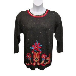 Vntg Carolina Colours Sweater Medium Embroidered Beaded Sequined Pullover Granny